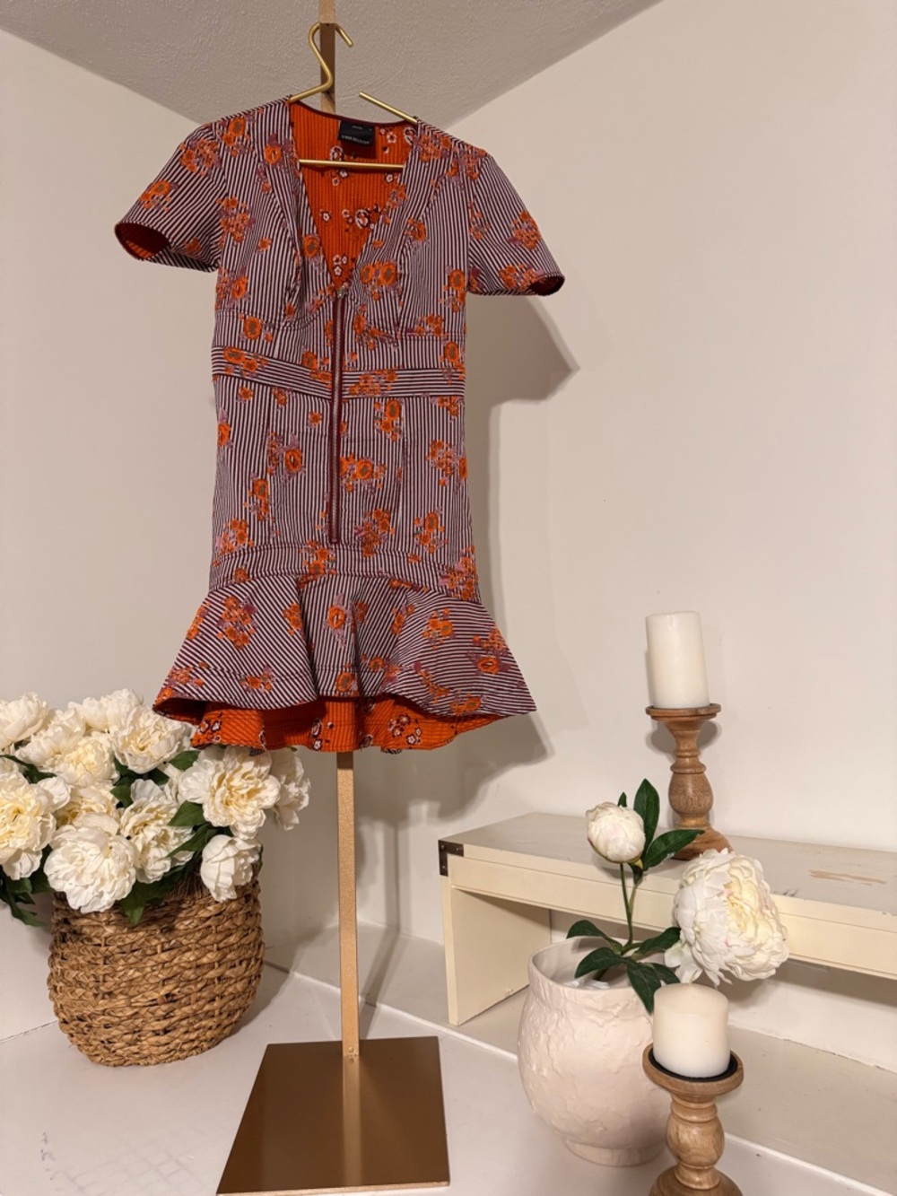 Striped Floral Ruffle Hem Mini Dress - Orange